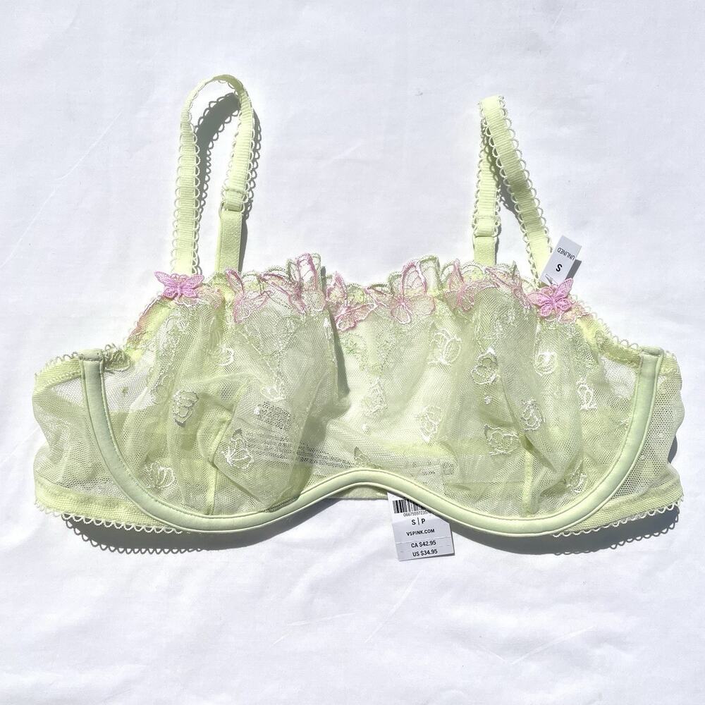 Victoria’s Secret PINK Unlined Balconette Underwire Bra Small Green Pink Lace